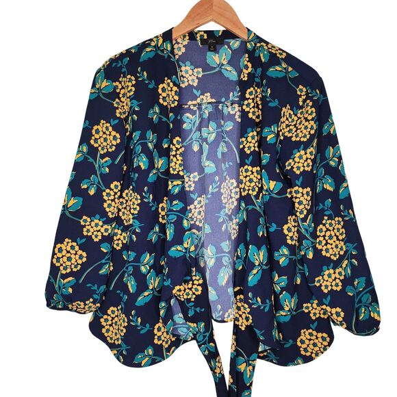 J. Crew Drapey Crepe Floral Wrap Blouse Women's S Navy Yellow V-Neck Top - Picture 2 of 8